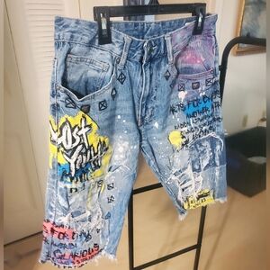 Mens Smoke rise denim shorts graffiti distressed street wear